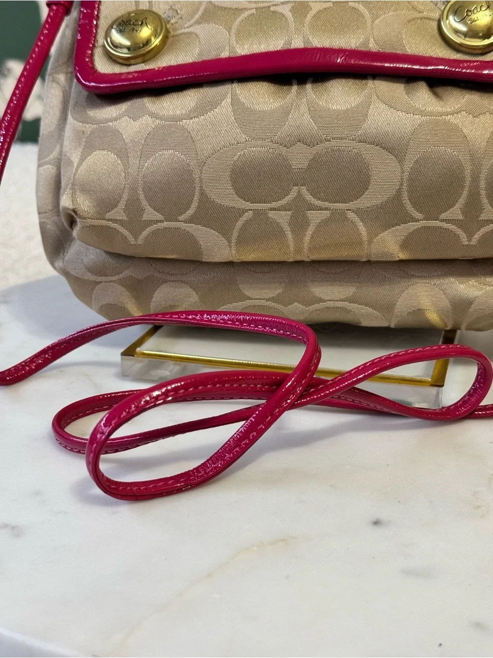 Coach Rare Poppy Tan Signature Canvas Crossbody with Pink Trim EUC